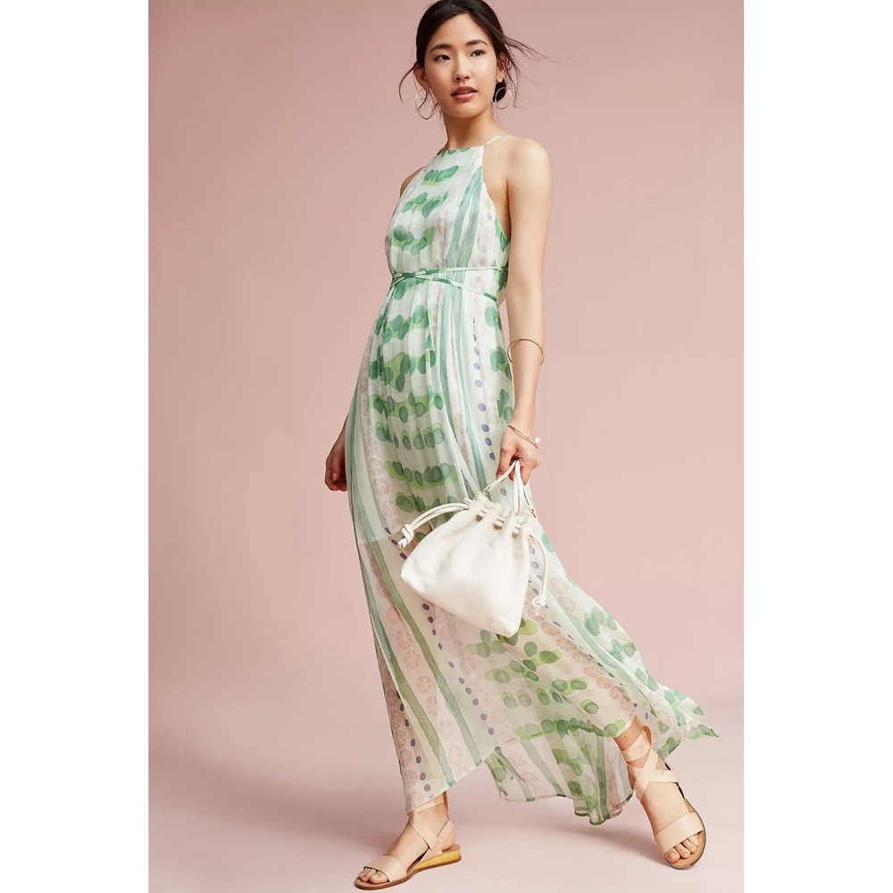 Anthropologie Moulinette Soeurs Vera Silk Maxi Dress Medium Green Watercolor Dot
